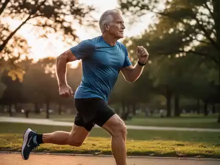 Eine sportlich aktive Person in der zweiten Lebenshälfte beim Joggen in einem Park bei Sonnenuntergang. - Foto: über boerse-global.de