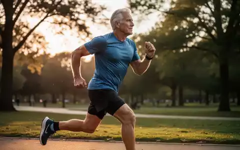Eine sportlich aktive Person in der zweiten Lebenshälfte beim Joggen in einem Park bei Sonnenuntergang. - Foto: über boerse-global.de