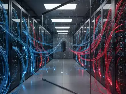 Dunkler Serverraum mit leuchtenden Glasfaserkabeln und digitalen Code-Reflexionen, die Cyberbedrohungen darstellen. - Foto: über boerse-global.de