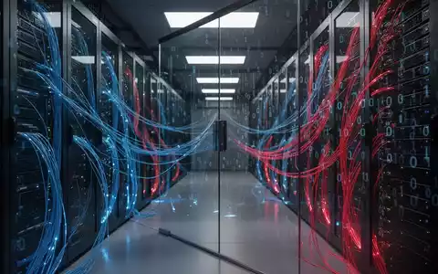 Dunkler Serverraum mit leuchtenden Glasfaserkabeln und digitalen Code-Reflexionen, die Cyberbedrohungen darstellen. - Foto: über boerse-global.de