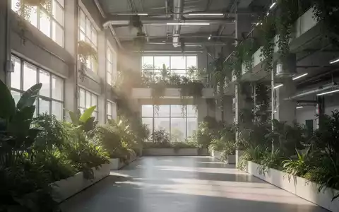 Moderne, nachhaltige Industrieanlage mit integrierten Pflanzen und hellem Tageslicht als Symbol für ökologische Innovation. - Foto: über boerse-global.de