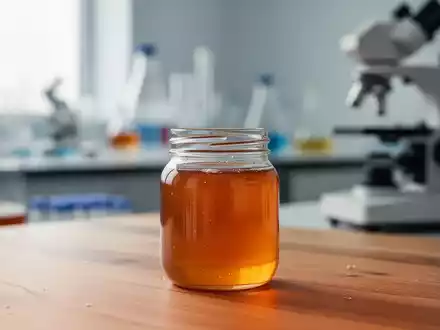 Ein Glas Honig auf einem Holztisch vor einem unscharfen Hintergrund, der ein Lebensmittellabor symbolisiert. - Foto: über boerse-global.de