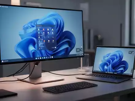 Moderner Computer-Arbeitsplatz mit Monitor und Laptop, repräsentiert Windows 11 Hardware- und Softwareverwaltung. - Foto: über boerse-global.de