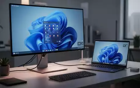 Moderner Computer-Arbeitsplatz mit Monitor und Laptop, repräsentiert Windows 11 Hardware- und Softwareverwaltung. - Foto: über boerse-global.de