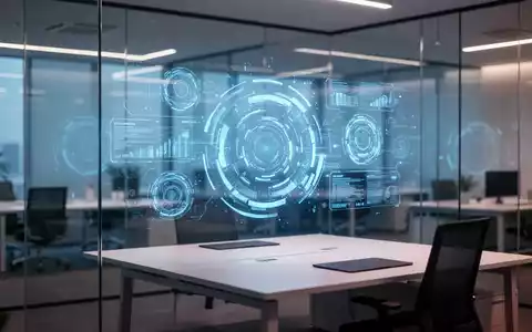 Moderne Büroarchitektur mit einer holografischen digitalen Benutzeroberfläche zur Visualisierung von KI-gestützten Arbeitsprozessen. - Foto: über boerse-global.de