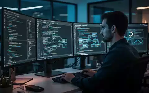 Ein Softwareentwickler arbeitet an komplexem Code auf mehreren Monitoren in einem modernen, professionellen Büro. - Foto: über boerse-global.de