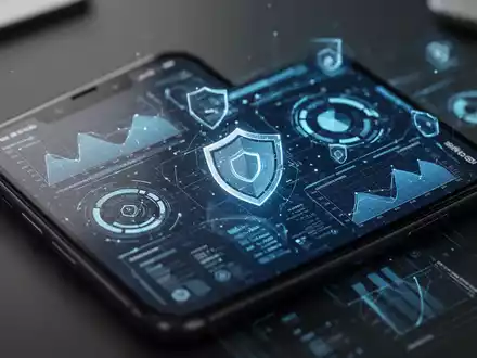 Smartphone-Bildschirm mit digitalen Cybersicherheitsdaten und Sicherheitsschild-Symbolen vor dunklem Bürohintergrund. - Foto: über boerse-global.de