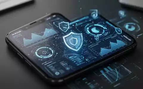 Smartphone-Bildschirm mit digitalen Cybersicherheitsdaten und Sicherheitsschild-Symbolen vor dunklem Bürohintergrund. - Foto: über boerse-global.de