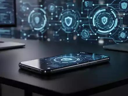 Modernes Smartphone auf einem Schreibtisch mit digitalen Sicherheitsüberlagerungen, die die Risiken nicht unterstützter mobiler Software darstellen. - Foto: über boerse-global.de