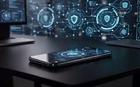 Modernes Smartphone auf einem Schreibtisch mit digitalen Sicherheitsüberlagerungen, die die Risiken nicht unterstützter mobiler Software darstellen. - Foto: über boerse-global.de