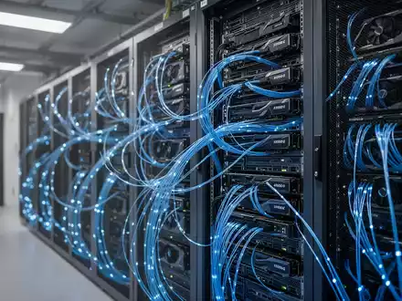 Moderne Server-Racks mit Hochleistungs-GPU-Clustern und blauen Glasfaserkabeln. - Foto: über boerse-global.de