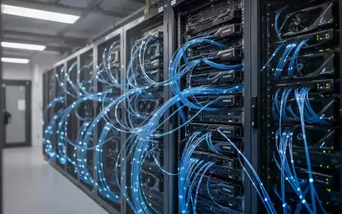 Moderne Server-Racks mit Hochleistungs-GPU-Clustern und blauen Glasfaserkabeln. - Foto: über boerse-global.de