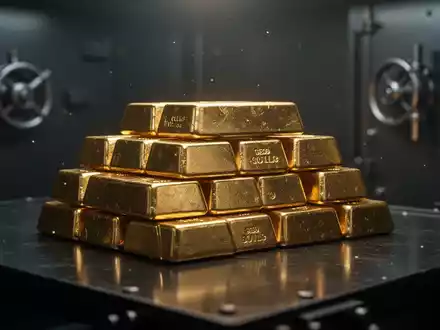 Goldbarren gestapelt auf einer dunklen, reflektierenden Oberfläche in einem Tresor. - Foto: über boerse-global.de