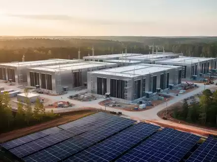 Moderner Rechenzentrums-Campus mit Solaranlagen in einer sonnigen Industrie-Landschaft. - Foto: über boerse-global.de