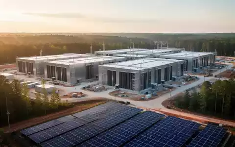 Moderner Rechenzentrums-Campus mit Solaranlagen in einer sonnigen Industrie-Landschaft. - Foto: über boerse-global.de