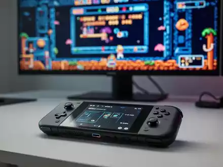 Moderner Gaming-Handheld auf einem Schreibtisch, Retro-Spieloberfläche auf Hintergrundmonitor. - Foto: über boerse-global.de