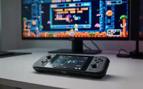 Moderner Gaming-Handheld auf einem Schreibtisch, Retro-Spieloberfläche auf Hintergrundmonitor. - Foto: über boerse-global.de