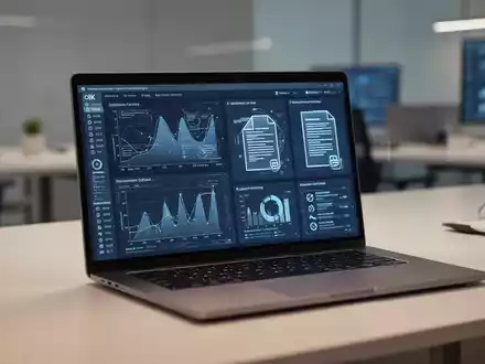 Moderner Laptop-Bildschirm mit Datenanalyse- und Dokumentenverarbeitungssymbolen in einem professionellen Büro. - Foto: über boerse-global.de