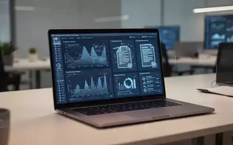 Moderner Laptop-Bildschirm mit Datenanalyse- und Dokumentenverarbeitungssymbolen in einem professionellen Büro. - Foto: über boerse-global.de