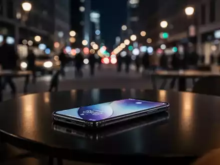 Ein modernes Smartphone auf einem Café-Tisch bei Nacht vor einem verschwommenen, belebten Stadthintergrund. - Foto: über boerse-global.de