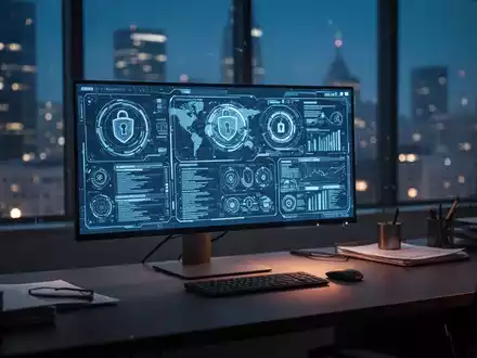 Computerbildschirm mit digitalen Sicherheitsdaten in einem gedimmten Büro, das kommunale Cyberbetrugsrisiken darstellt. - Foto: über boerse-global.de