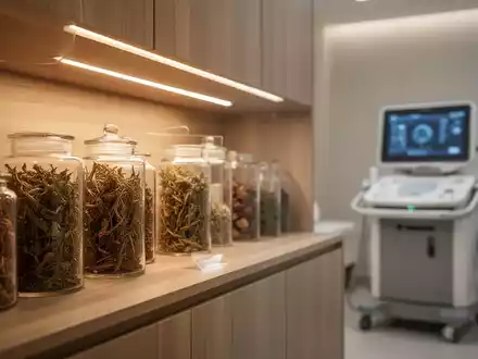 Moderne TCM-Klinik mit medizinischen Geräten und Heilkräutern, die Tradition und moderne Gesundheitsversorgung vereint. - Foto: über boerse-global.de