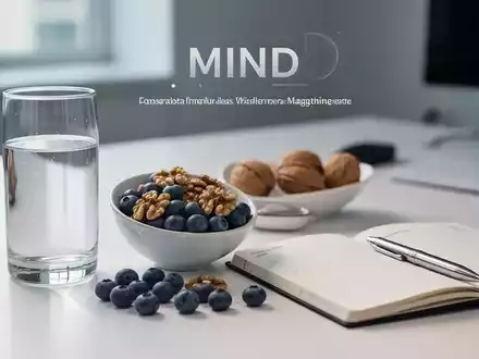 Ein minimalistischer Schreibtisch mit gesunden Lebensmitteln wie Walnüssen und Blaubeeren sowie einem Notizbuch. - Foto: über boerse-global.de