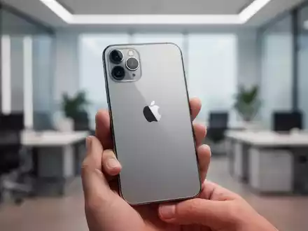 Nahaufnahme eines modernen iPhone-Bildschirms in einer Hand, der sanftes Bürolicht reflektiert. - Foto: über boerse-global.de
