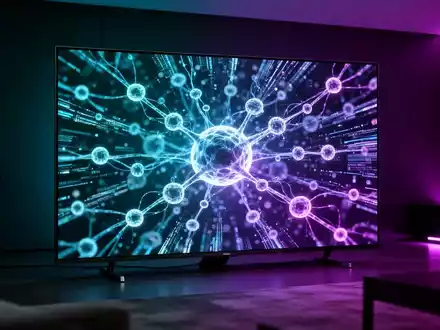 Moderner Smart-TV mit abstrakten digitalen Datenströmen und neuronalen Netzwerk-Grafiken in einem dunklen Raum. - Foto: über boerse-global.de