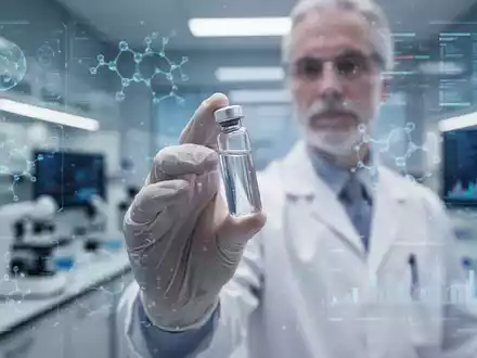 Ein Forscher in einem modernen Labor hĂ€lt ein medizinisches FlĂ€schchen vor einem verschwommenen Hightech-Hintergrund. - Foto: ĂŒber boerse-global.de