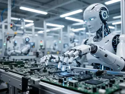 Ein humanoider Roboter arbeitet an einem modernen, hochtechnologischen Fließband in einer Fabrik. - Foto: über boerse-global.de