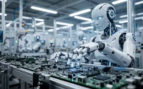 Ein humanoider Roboter arbeitet an einem modernen, hochtechnologischen Fließband in einer Fabrik. - Foto: über boerse-global.de