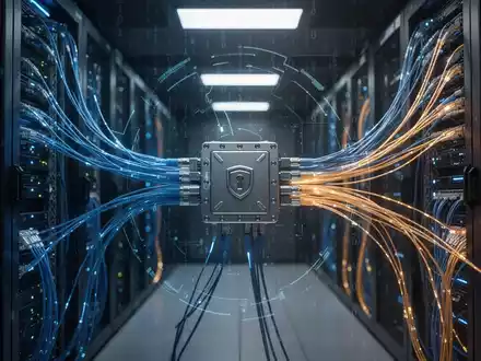 Cybersicherheitskonzept mit digitaler Server-Netzwerkinfrastruktur, abstraktem Binärcode und Sicherheitsüberlagerungen. - Foto: über boerse-global.de