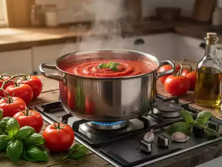 Frische Tomaten, Basilikum und Knoblauch neben einem Topf mit selbstgemachter Tomatensauce auf einem Herd. - Foto: über boerse-global.de