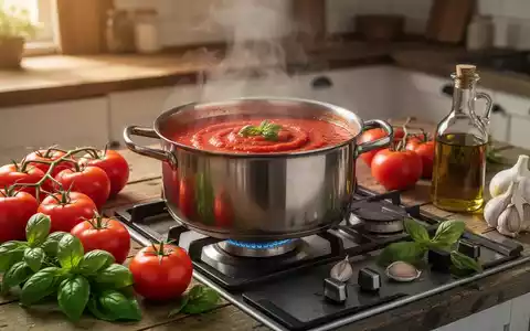 Frische Tomaten, Basilikum und Knoblauch neben einem Topf mit selbstgemachter Tomatensauce auf einem Herd. - Foto: über boerse-global.de