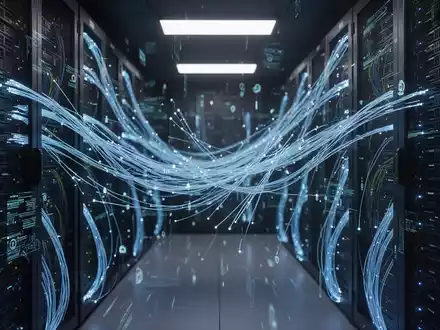 Gedimmter Serverraum mit blau leuchtenden Datenkabeln als Symbol für digitale Cybersicherheitsinfrastruktur. - Foto: über boerse-global.de