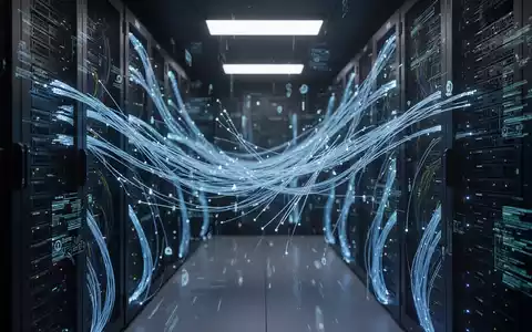 Gedimmter Serverraum mit blau leuchtenden Datenkabeln als Symbol für digitale Cybersicherheitsinfrastruktur. - Foto: über boerse-global.de
