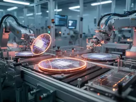 Moderne Halbleiter-Produktionsanlage mit glühenden Silizium-Wafern und robotergesteuerten Fertigungslinien. - Foto: über boerse-global.de