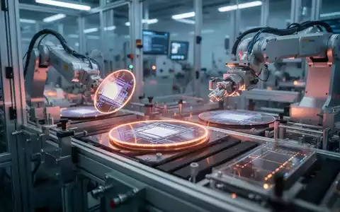 Moderne Halbleiter-Produktionsanlage mit glühenden Silizium-Wafern und robotergesteuerten Fertigungslinien. - Foto: über boerse-global.de