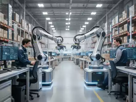 Ein moderner, hochtechnisierter Logistikarbeitsplatz, an dem ein Mensch gemeinsam mit automatisierten Systemen arbeitet. - Foto: über boerse-global.de