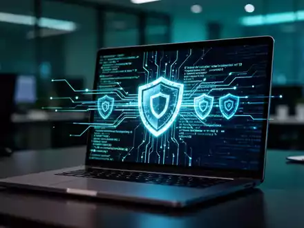 Ein Laptop-Bildschirm mit abstrakten digitalen Sicherheitssymbolen und Code, die Cybersicherheitsbedrohungen auf macOS darstellen. - Foto: über boerse-global.de