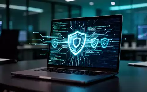 Ein Laptop-Bildschirm mit abstrakten digitalen Sicherheitssymbolen und Code, die Cybersicherheitsbedrohungen auf macOS darstellen. - Foto: über boerse-global.de