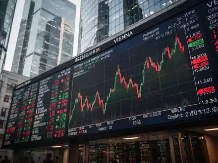 Digitaler Börsenbildschirm mit Aktienkursen vor einer modernen Wiener Skyline bei gedämpftem Licht. - Foto: über boerse-global.de