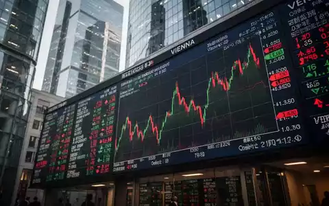 Digitaler Börsenbildschirm mit Aktienkursen vor einer modernen Wiener Skyline bei gedämpftem Licht. - Foto: über boerse-global.de