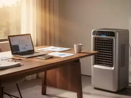 Ein modernes Homeoffice mit einem Laptop auf einem Schreibtisch und einem Klimagerät im Hintergrund. - Foto: über boerse-global.de