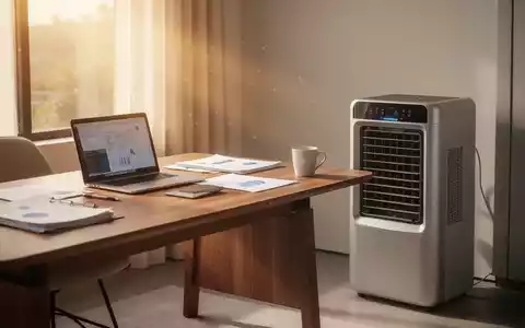 Ein modernes Homeoffice mit einem Laptop auf einem Schreibtisch und einem Klimagerät im Hintergrund. - Foto: über boerse-global.de
