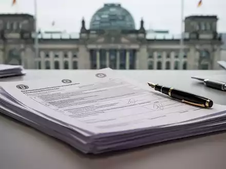 Steuerliche Unterlagen auf einem Schreibtisch vor einem unscharfen Hintergrund eines Regierungsgebäudes. - Foto: über boerse-global.de