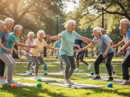 Aktive Senioren bei einer Outdoor-Übung zur Sturzprävention und Mobilitätsförderung in einem sonnigen Park. - Foto: über boerse-global.de