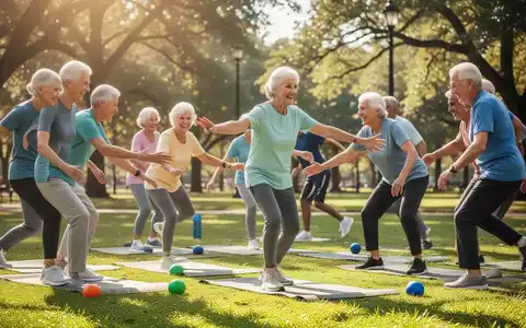 Aktive Senioren bei einer Outdoor-Übung zur Sturzprävention und Mobilitätsförderung in einem sonnigen Park. - Foto: über boerse-global.de