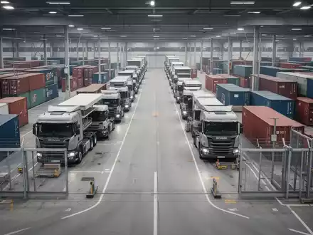 Moderne Logistik-Anlage mit LKW und Containern als Symbol für die staatliche Krisenvorsorge im Verkehrssektor. - Foto: über boerse-global.de
